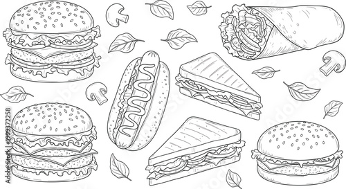 Hand Drawn Fast Food Collection Vector Set with Burgers Hotdog Sandwich and Wrap on White Background