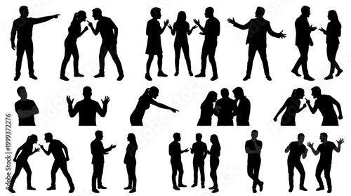 Black and White Silhouette Vector Figures of Diverse Human Interaction and Conflict
