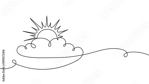 Continuous one line cloud sun art sky weather illustration outline. Sun cloud solar summer doodle graphic sketch energy linear stroke single vector icon sunny abstract park nature black ecosystem