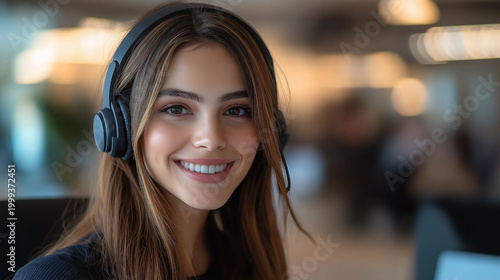 Portrait of a friendly young woman wearing a headset working in a call center or modern office environment.