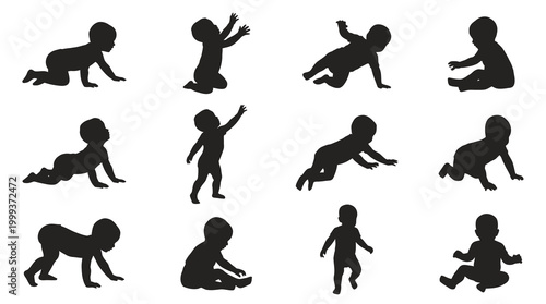 Silhouette Baby Poses Set, Infancy Childhood Development Art Style