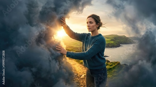 Woman pushing dense emotional cloud, revealing clear mental state, finding inner calm, embracing psychological balance, seeking brighter future on coastal path.