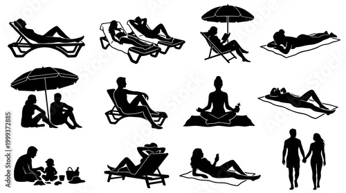 Black  White Silhouette Icons of People Relaxing on Beach: Sunbathing, Reading, Yoga, Walking