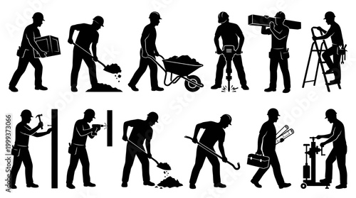 Construction Workers Silhouette Vector Set: Manual Labor  Building Tasks Glyph Icons