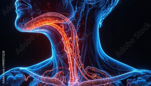 Artistic rendering of human neck anatomy with veins and arteries in blue and red on black background