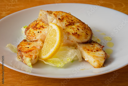 Shark fish meat steak with salad on plate