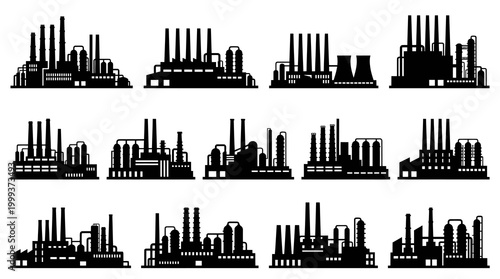 Black and White Silhouette Icons of Industrial Factories, Industry