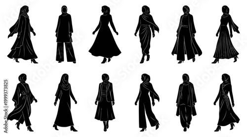 Modest Fashion Muslim Women Silhouettes Vector Collection with Hijab and Abaya