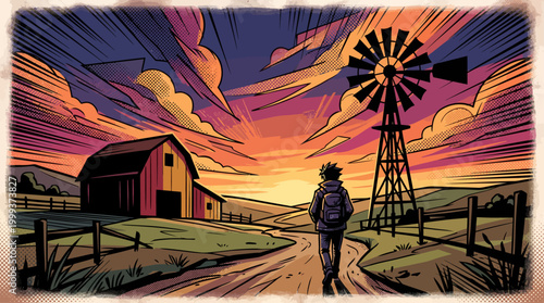 Backpacker walking on a dirt path toward a dark barn and windmill under a dramatic sunset, vector illustration.
