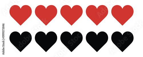 Five red and black heart shapes in rows for Valentines Day or love concept with white background.