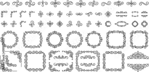 Black swirly line curl set, harmonious blend of shapes and lines for greeting cards. Collection of filigree frame decoration. vector art. 