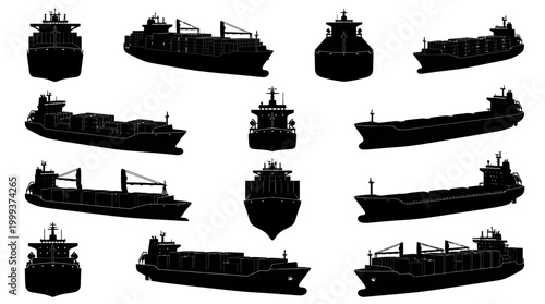 Silhouette set of various cargo ships and container vessels, vector icons