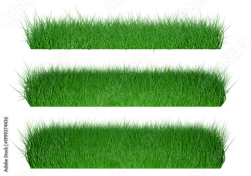 Set of 3D artificial grass borders isolated on black. Green lawn stripes mockup for architectural visualization.Three rows of green grass patches, 3D illustration.