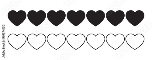 Row of solid black hearts and outlined hearts as icons for rating or selection purposes love symbol design.
