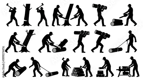 Woodcutting  Logging Process Silhouettes: Lumberjack Forestry Work Glyph Icons Set