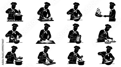Culinary Chef Cooking Activities Silhouette Icons Set Black White