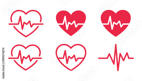 Set of red heart shapes with electrocardiogram pulse line symbol of health and life cardiology medical concept.