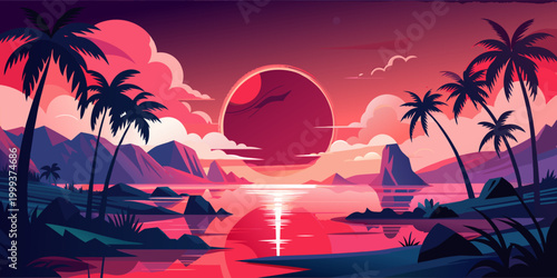 Magical Twilight Oasis with Enchanted Waterfalls and Vibrant Flora.