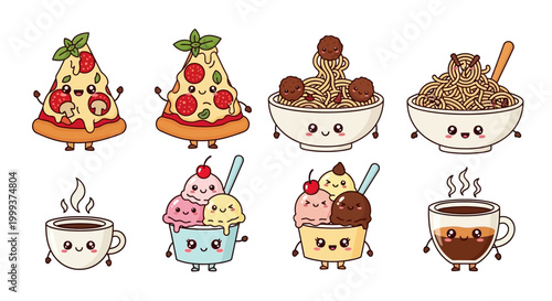 Cheerful cartoon food characters, including pizza slices, bowls of spaghetti and meatballs, ice cream cups, and steaming coffee mugs, are arranged on a white background in a playful