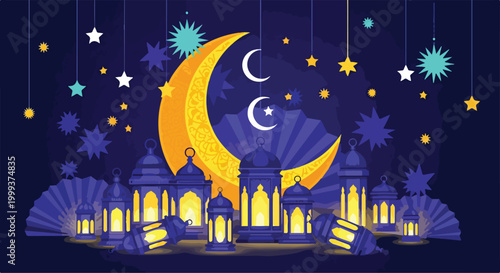 A serene night scene with lanterns and stars
