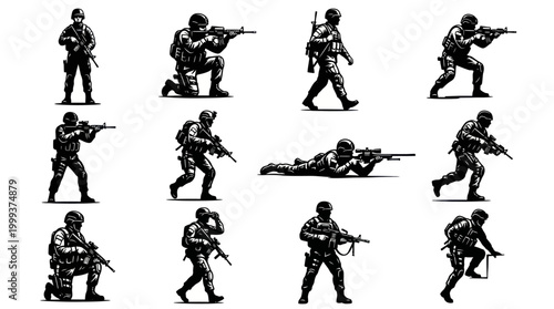 Black and White Vector Illustrations of Soldiers in Various Poses