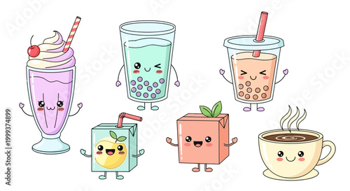 Animated kawaii-style drinks are arranged on a white background, including a milkshake, bubble tea, juice box, and coffee, presented in a cute, cartoonish style with smiling faces