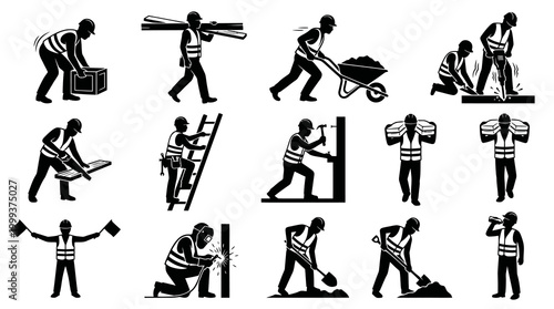 Construction Workers Black  White Glyph Icons Set - Building and Manual Labor Pictograms