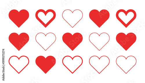 Red heart icon set collection for love romance and valentine day celebration on transparent background grid.