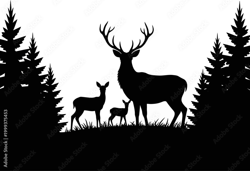 Naklejka premium Silhouette family of deer standing in grassy field with pine trees on a white background