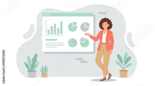 Stressed woman presenting data charts, illustrating burnout in a professional hybrid work setting.