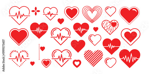 Set of 27 red vector heart icons with pulse lines and various designs on transparent background.