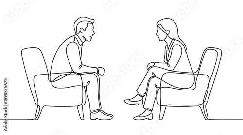 Continuous one line drawing of a therapist and patient sitting in chairs.