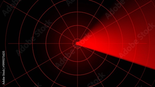 Obraz na płótnie Red radar screen with concentric circles and a sweeping red beam on black backgr