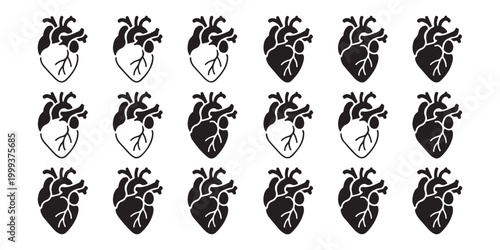 Human heart silhouette anatomical icons for cardiology medicine and health research vector set illustration.
