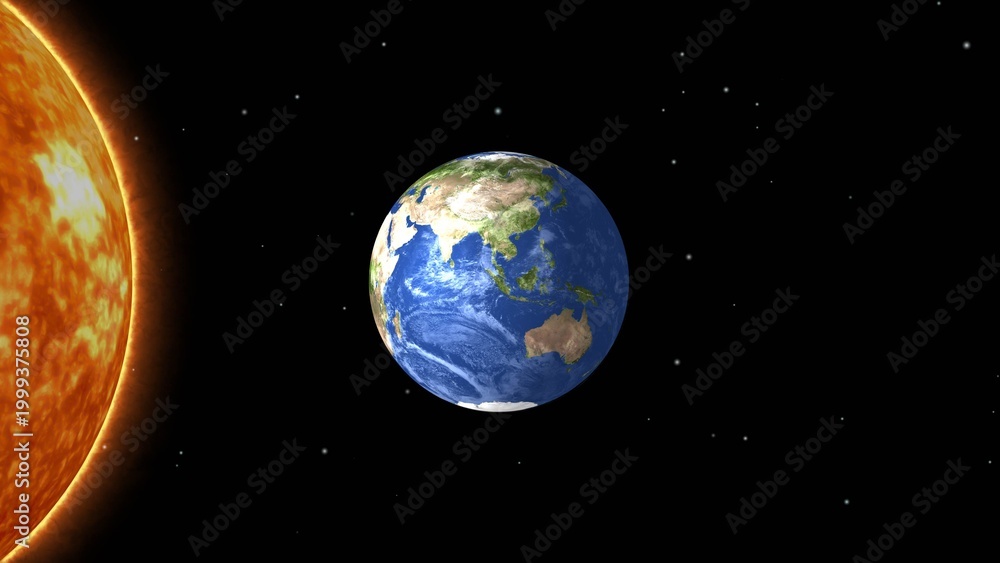 Obraz premium Bright sun at left and earth floating in space on right against starry black background, view shows asia and australia continents, realistic space scene
