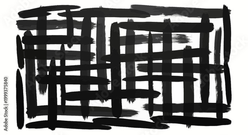 Abstract black brush strokes forming a grid pattern on white background, artistic texture