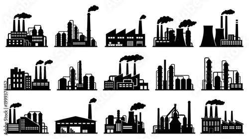 Black and White Industrial Factory Plant Vector Icons Set for Manufacturing Energy