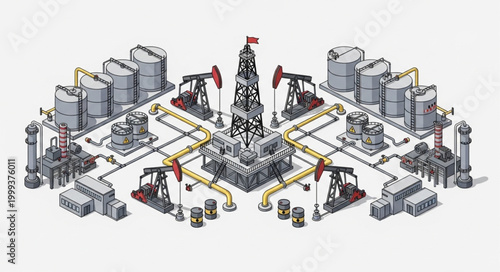 Onshore oil derrick and pumpjack industrial extraction equipment.