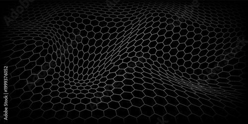 Dark grey abstract wide horizontal banner with hexagon carbon fiber grid and orange luminous lines. Technology vector background with orange neon lines