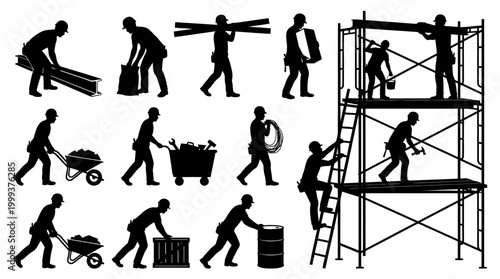Construction worker silhouettes: building, carrying, working on scaffold