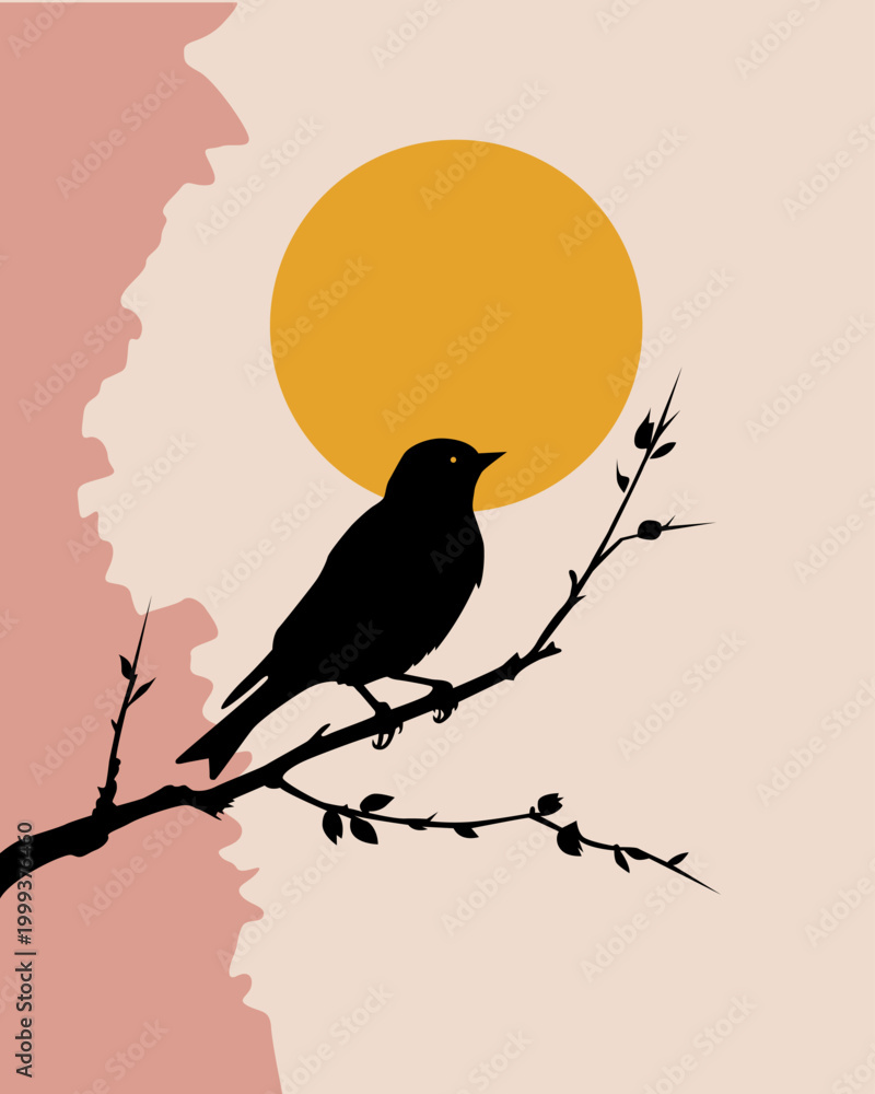 Fototapeta premium Silhouette bird perches calmly on slender branch. Sun rises softly behind its form, casting warm glow. Pink and beige hues create gentle, serene backdrop