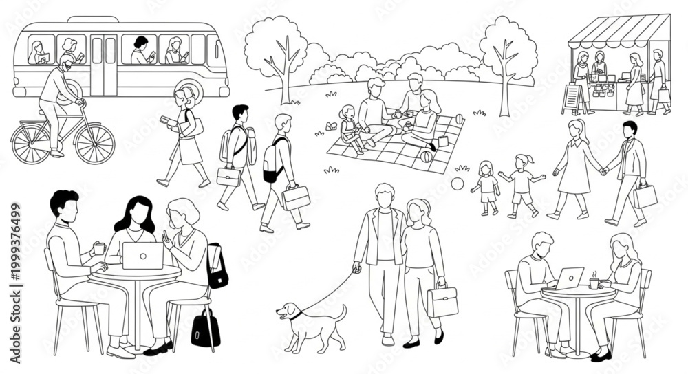 Fototapeta premium People Engaged in Various Outdoor Activities and Social Interactions.
