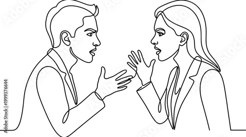 Continuous one line drawing of a man and a woman arguing in the office.