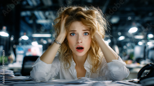Young woman showing stress and frustration at a cluttered desk  