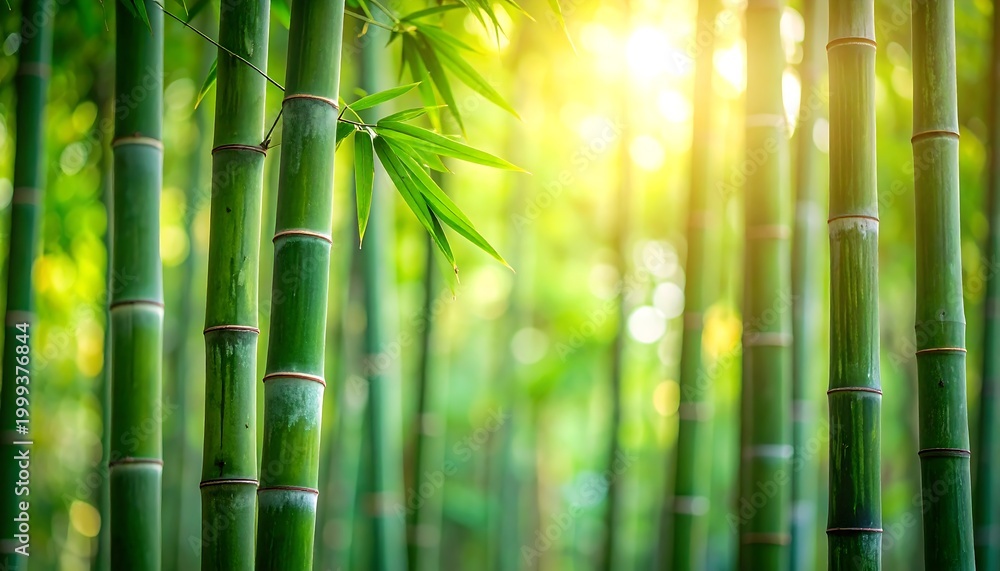 Obraz premium Lush green bamboo forest bathes in the warm glow of sunlight filtering through the dense canopy above