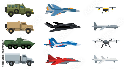 Military Vehicles Aircraft Drones Flat Design Icons Set