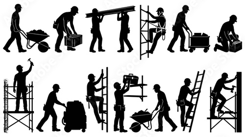 Construction Worker Silhouettes with Tools, Scaffolding, and Equipment