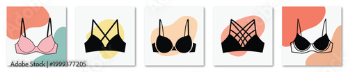 Minimalist flat style collection showcasing five different designs of comfortable womens bras and female underwear lingerie