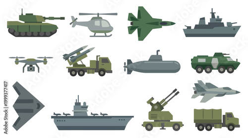 Military Vehicles and Equipment Flat Design Vector Icons Set. Army Transport, Warships, Jets, Tanks