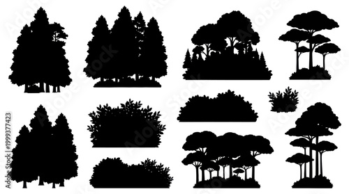 Silhouette Forest Trees and Bushes - Nature  Outdoors Vector Art